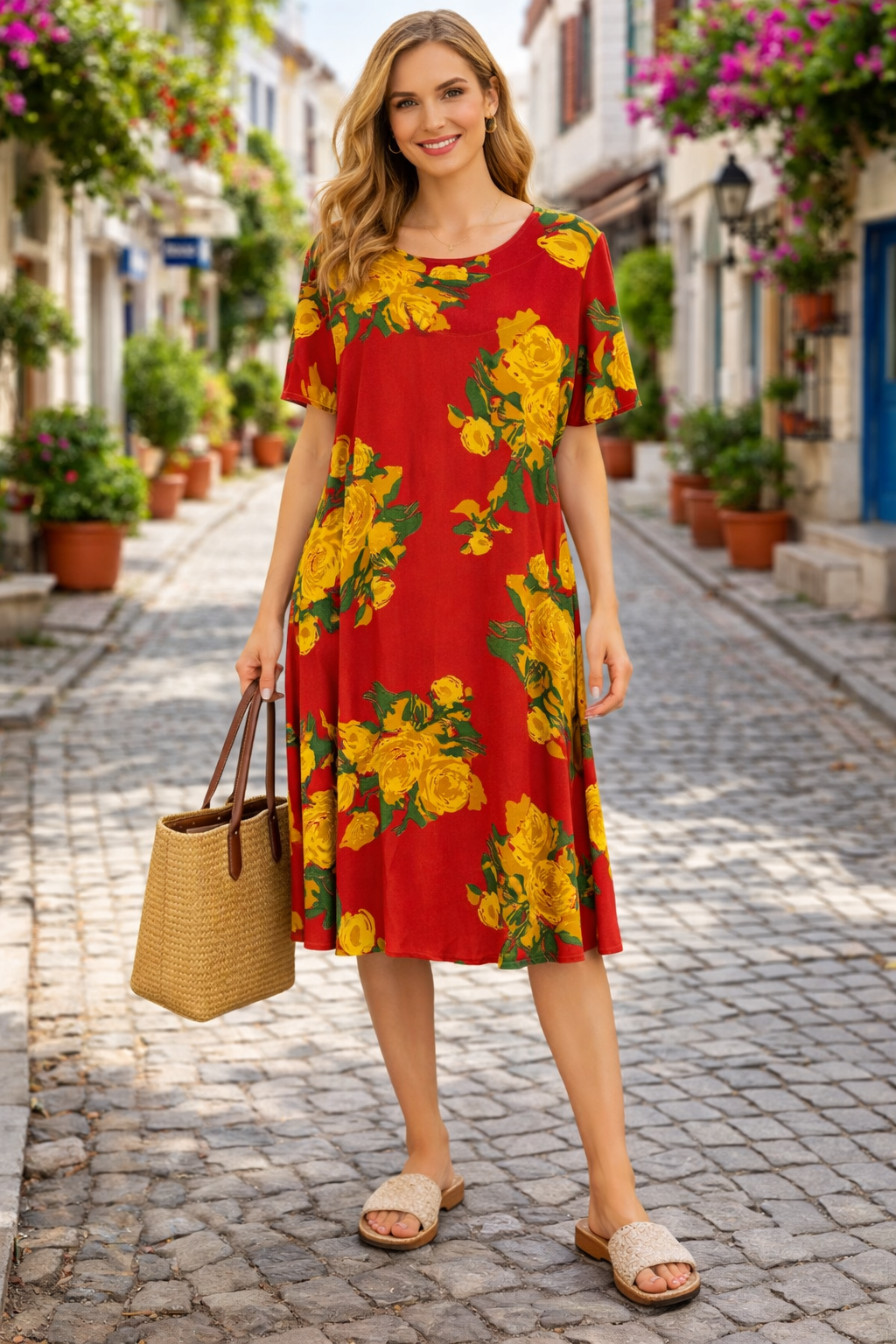V-Neck Printed Midi Dress