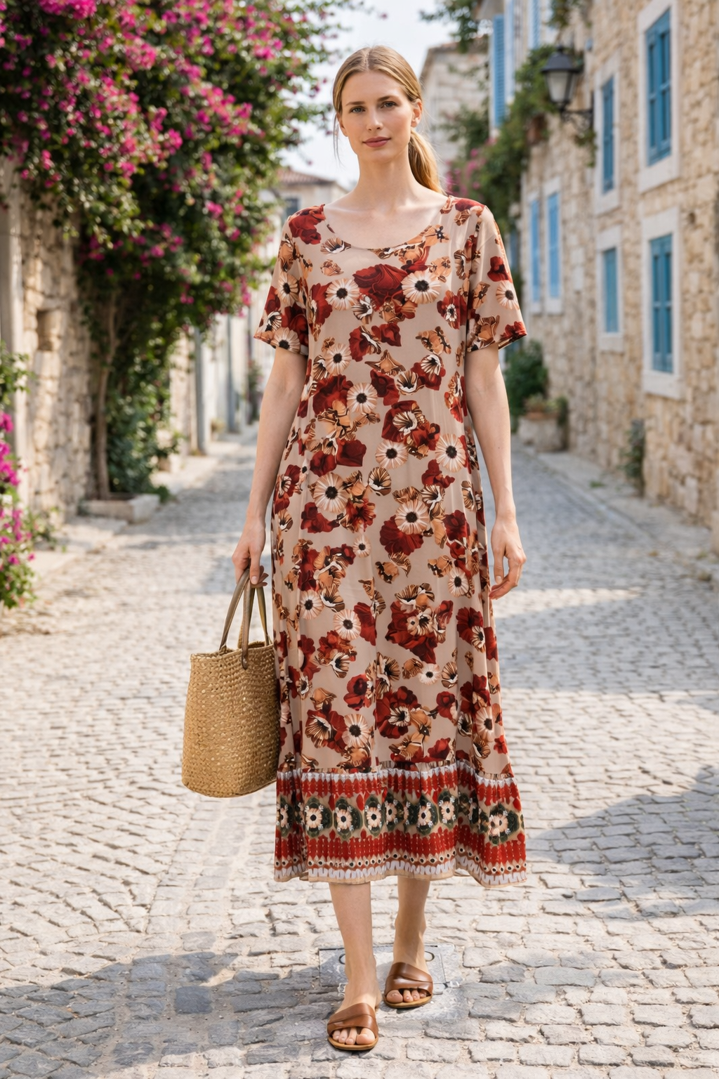 beige dress with red flowers Show Me Love Cowl Neck Mini Dress Red Flower Print Beige XS