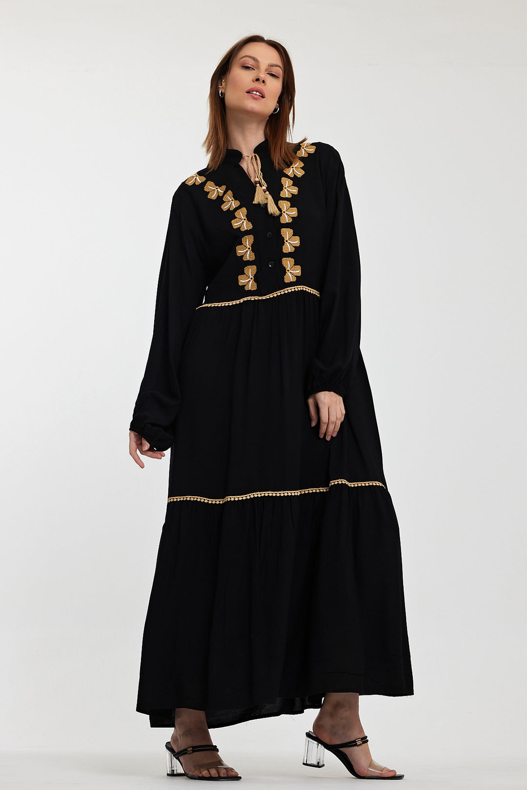 (4P.PACK) Golden Bow Embroidered Maxi Dress
