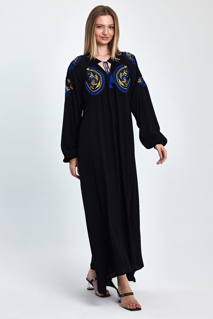 (4P.PACK) Midnight Boho Embroidered Maxi Kaftan Dress
