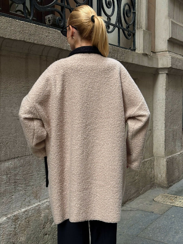 Contrast Collar Bouclé Button Coat in Beige - jqwholesale.com