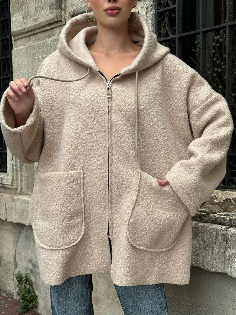 Cozy Zip-Up Teddy Hooded Jacket in Beige - jqwholesale.com