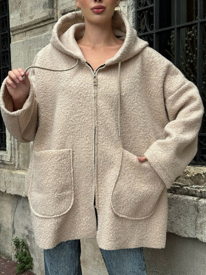 Cozy Zip-Up Teddy Hooded Jacket in Beige - jqwholesale.com