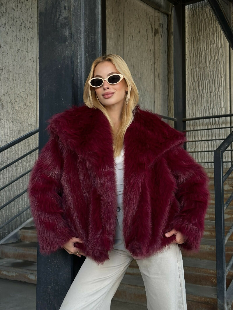 Luxe Plush Fur Jacket in Burgundy - jqwholesale.com
