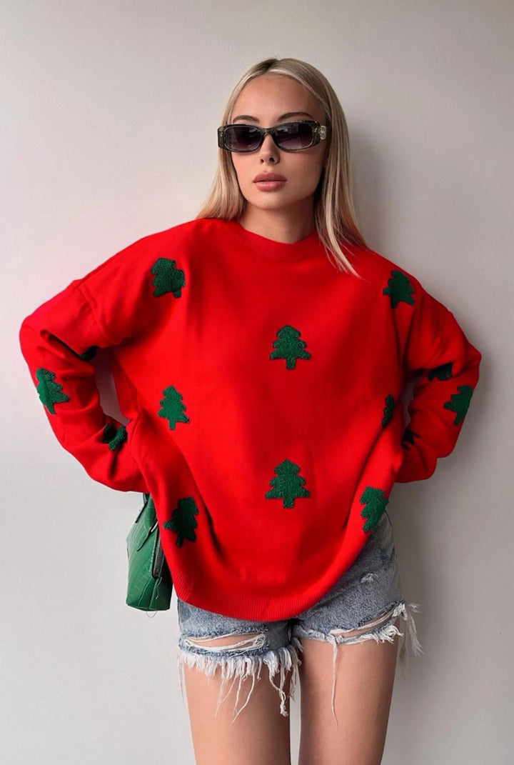 Festive Knit Jumper in Red with Green Detail