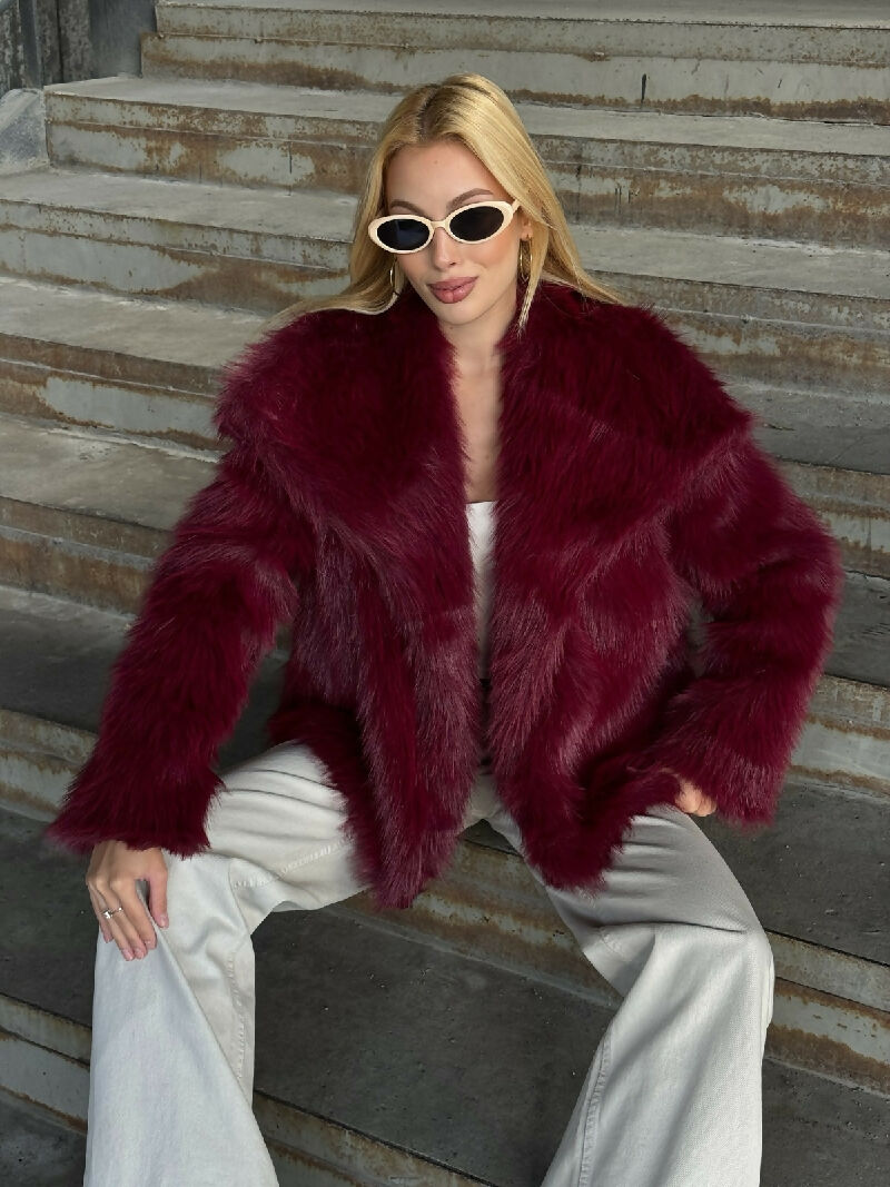 Luxe Plush Fur Jacket in Burgundy - jqwholesale.com