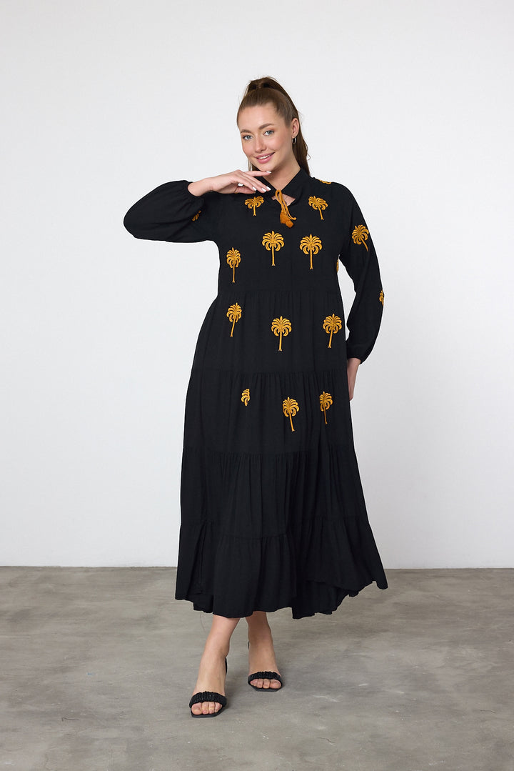 (4P.PACK) Midnight Palm Embroidered Maxi Dress