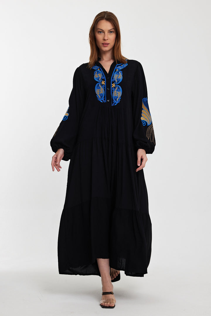(4P.PACK)Midnight Peacock Embroidered Maxi Dress