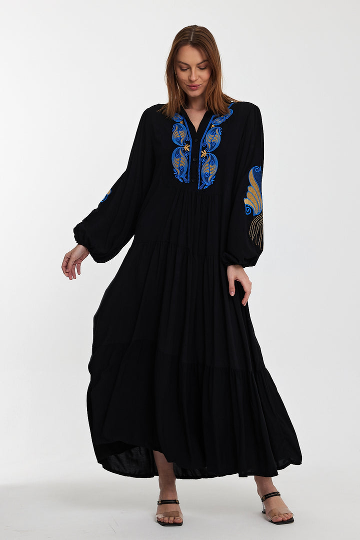 (4P.PACK)Midnight Peacock Embroidered Maxi Dress