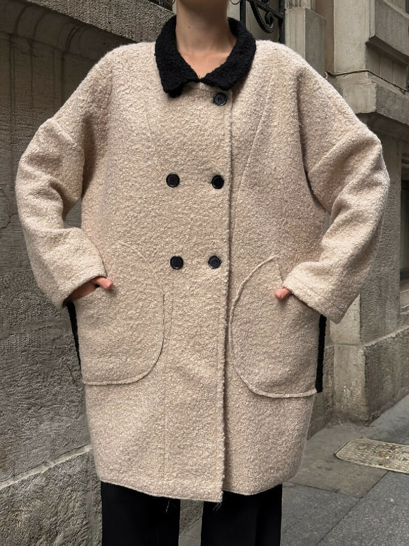 Contrast Collar Bouclé Button Coat in Beige - jqwholesale.com