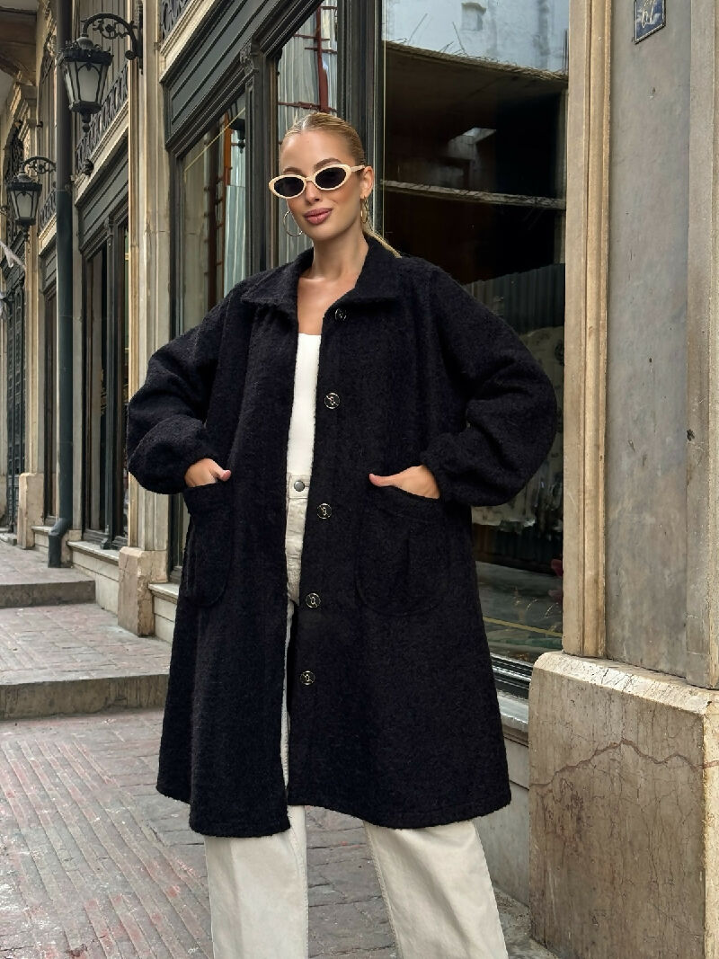 Soft Bouclé Button-Front Long Coat in Black - jqwholesale.com