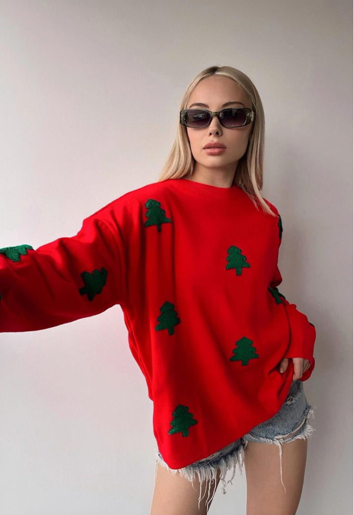 Festive Knit Jumper in Red with Green Detail