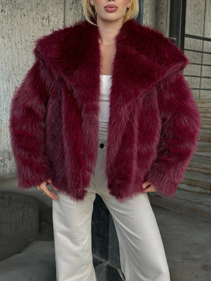 Luxe Plush Fur Jacket in Burgundy - jqwholesale.com