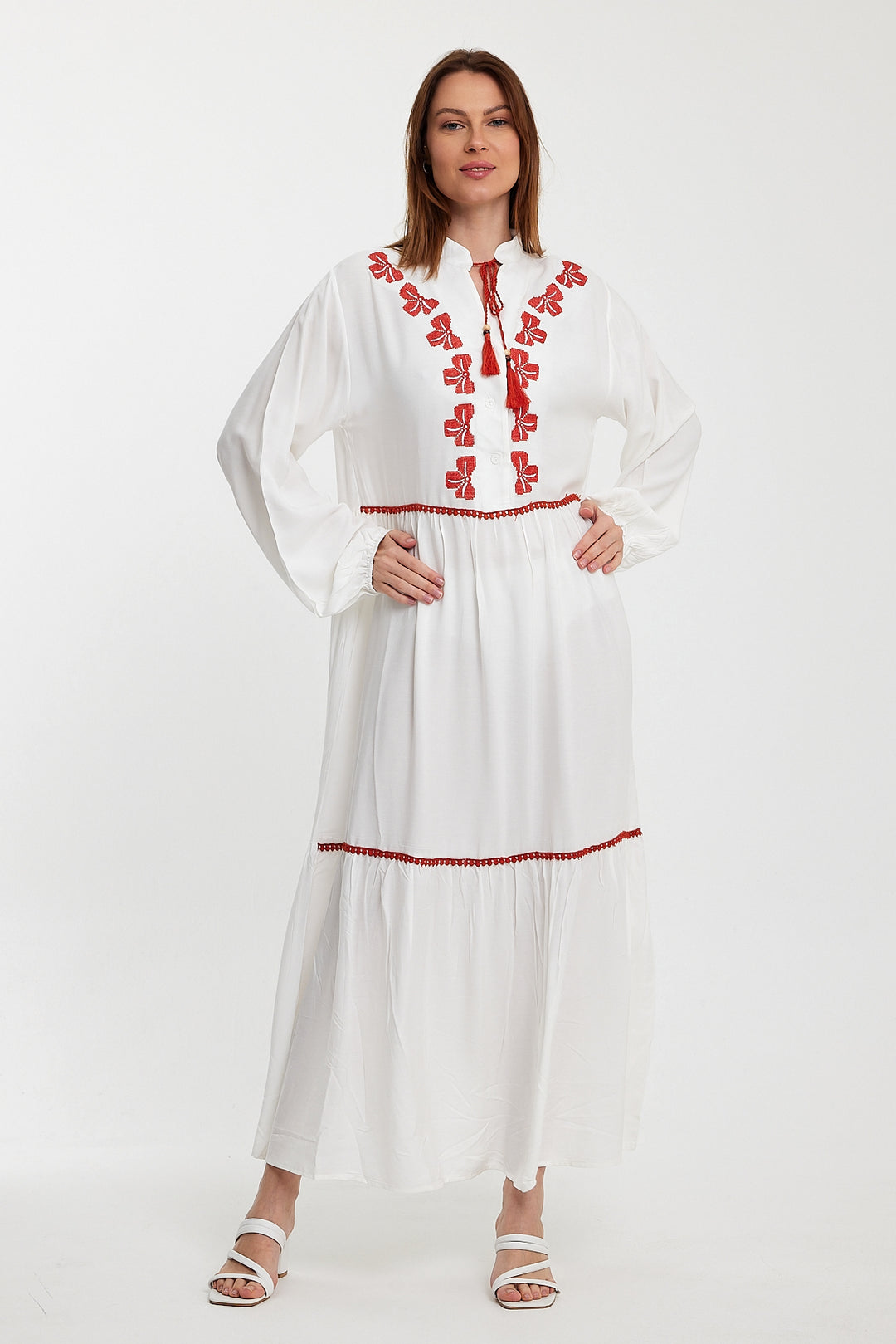 (4P.PACK) Red Bow Embroidered Maxi Dress