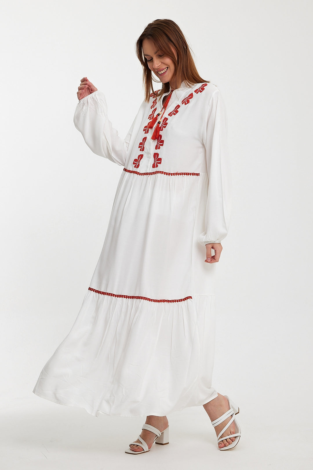 (4P.PACK) Red Bow Embroidered Maxi Dress