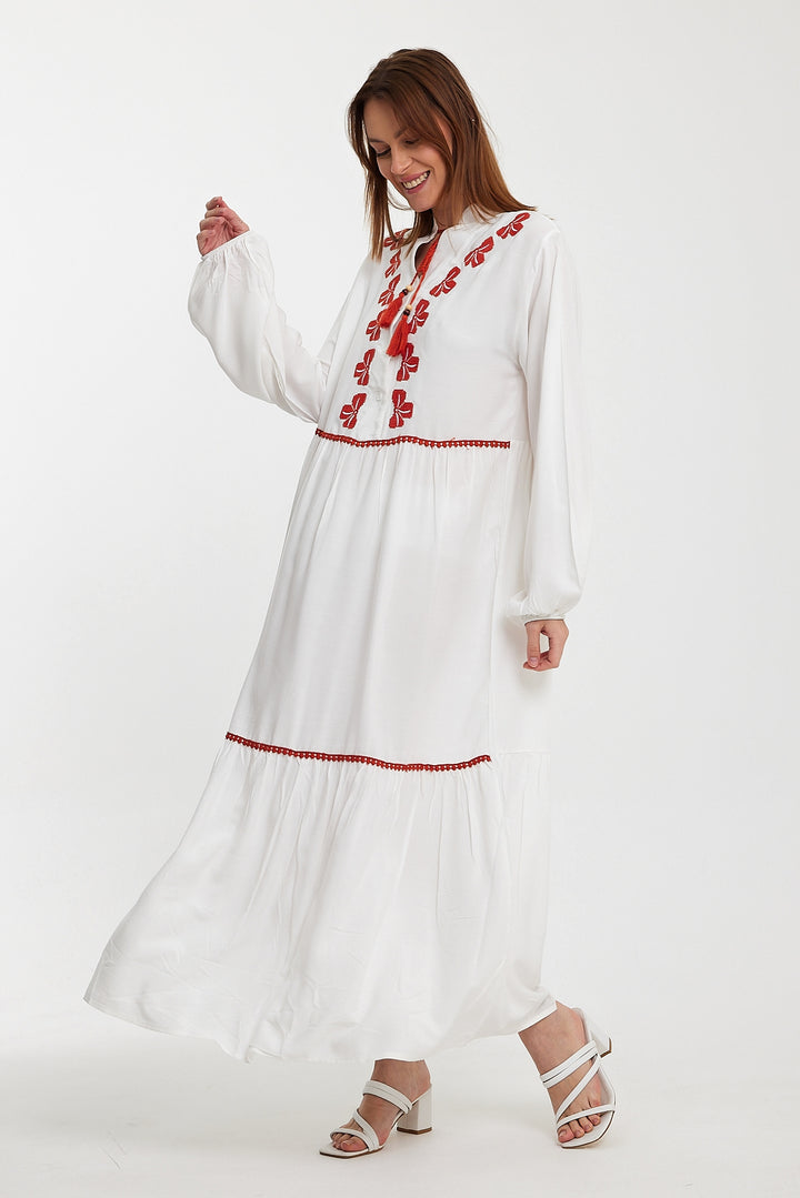 (4P.PACK) Red Bow Embroidered Maxi Dress