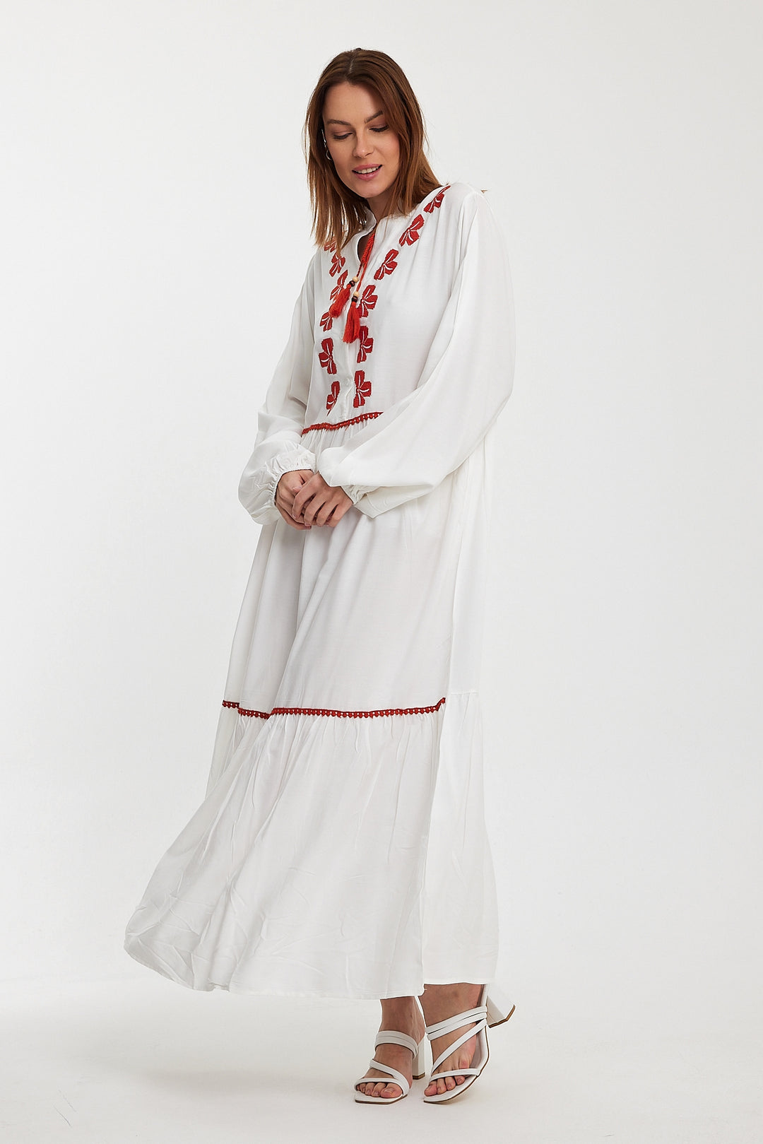 (4P.PACK) Red Bow Embroidered Maxi Dress