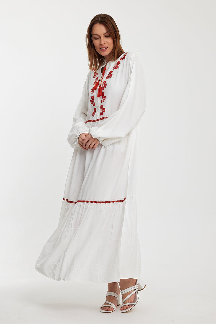 (4P.PACK) Red Bow Embroidered Maxi Dress