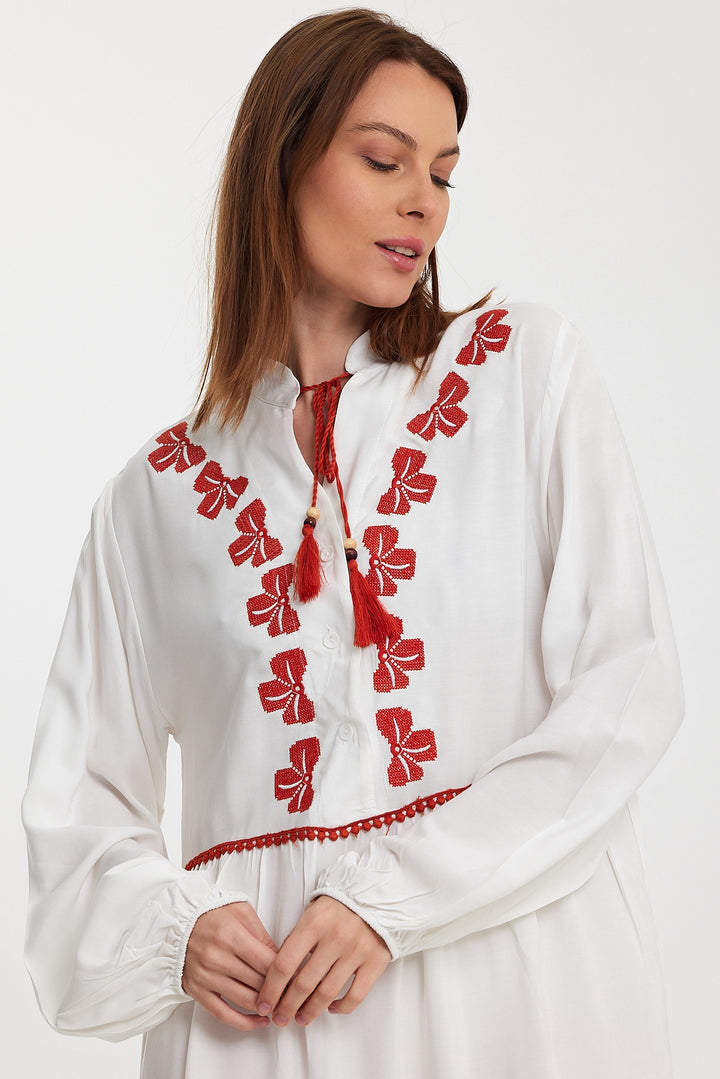 (4P.PACK) Red Bow Embroidered Maxi Dress