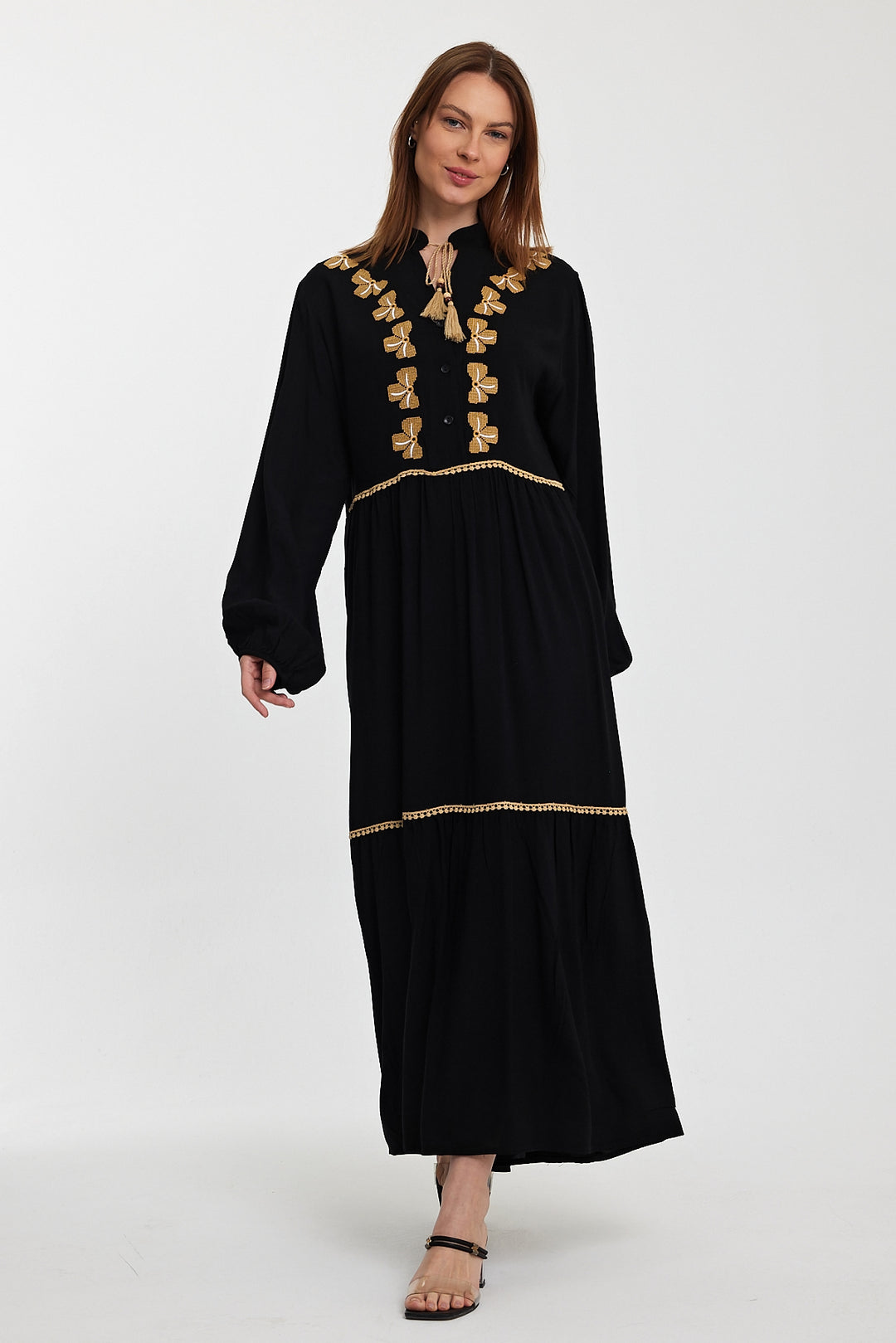 (4P.PACK) Golden Bow Embroidered Maxi Dress