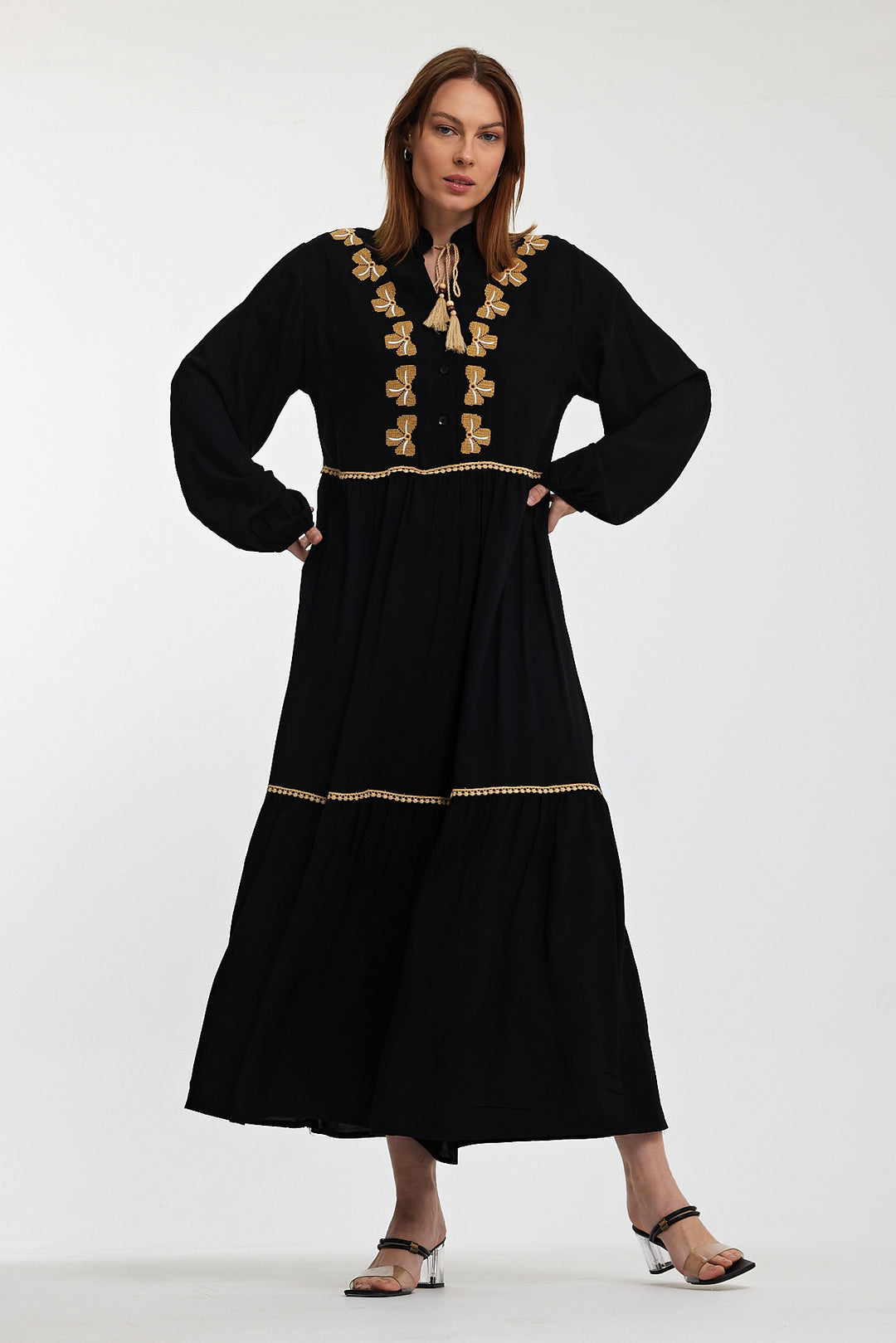 (4P.PACK) Golden Bow Embroidered Maxi Dress