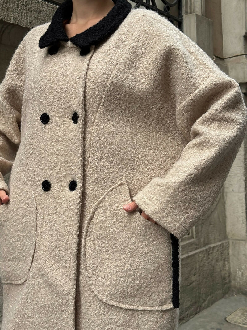 Contrast Collar Bouclé Button Coat in Beige - jqwholesale.com