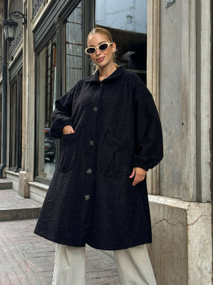 Soft Bouclé Button-Front Long Coat in Black - jqwholesale.com