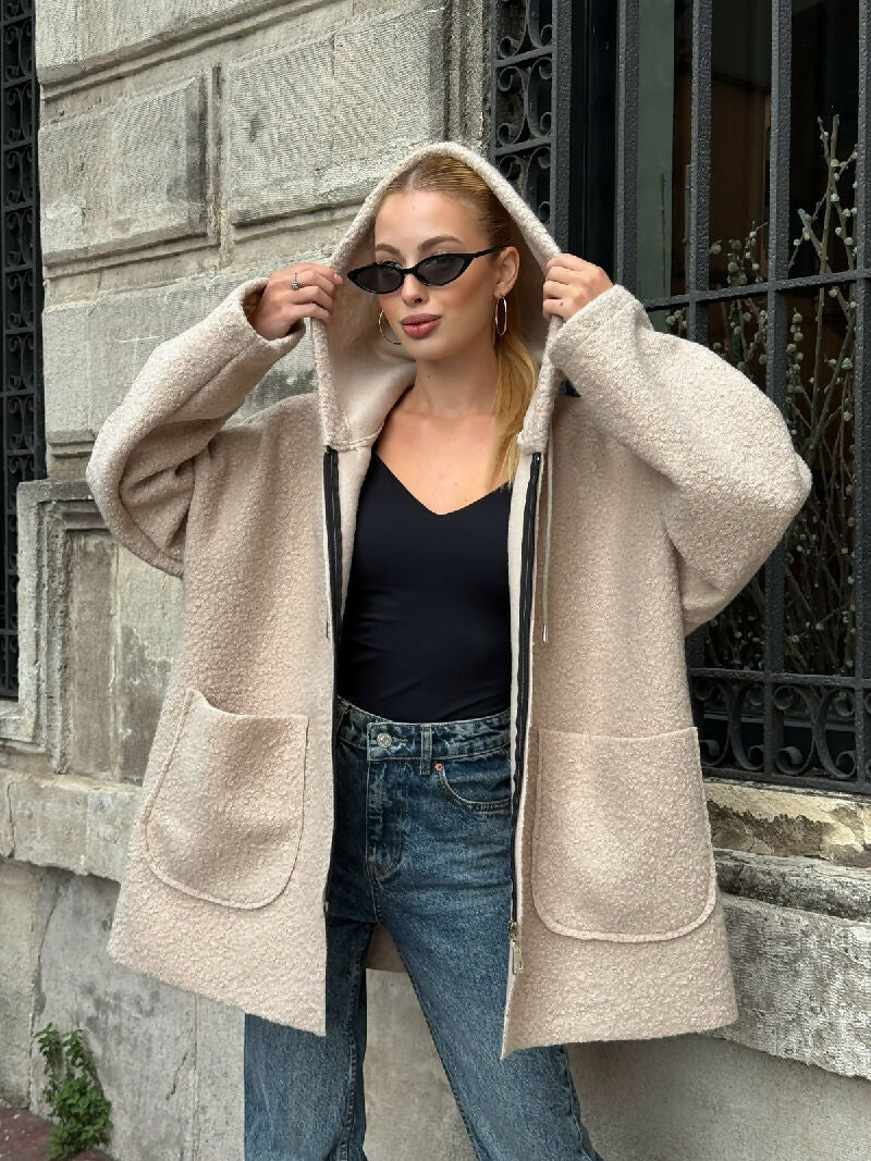 Cozy Zip-Up Teddy Hooded Jacket in Beige - jqwholesale.com