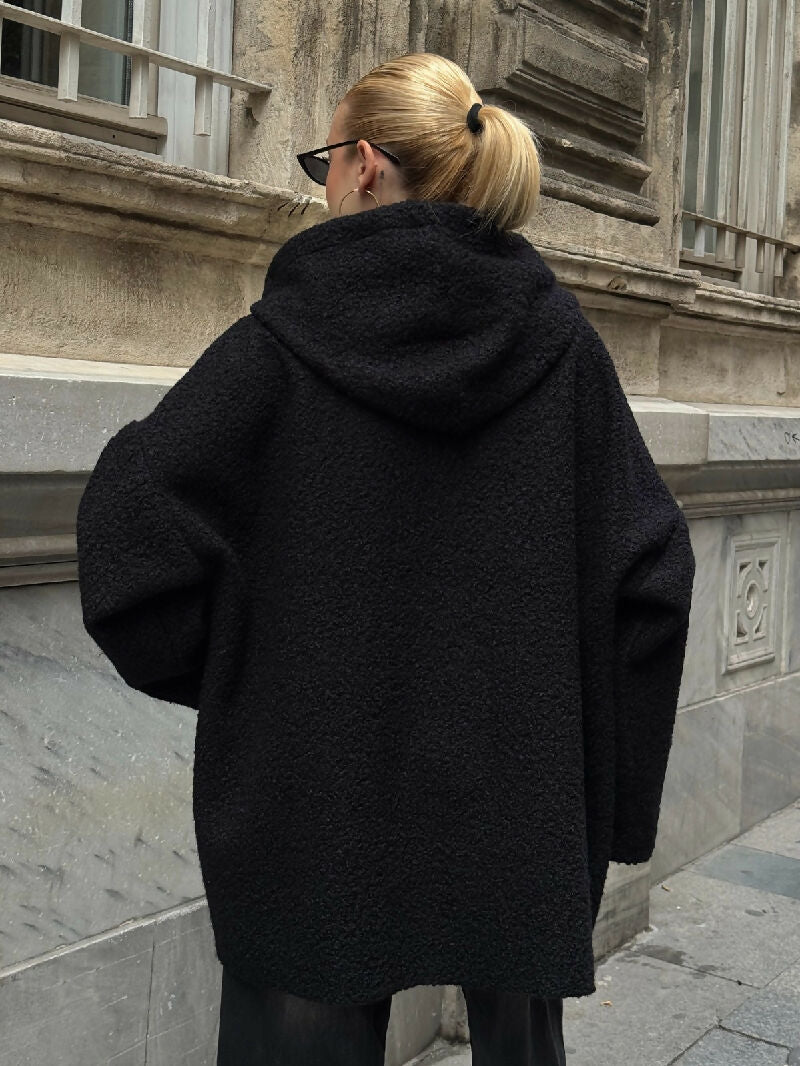 Cozy Zip-Up Teddy Hooded Jacket in Black - jqwholesale.com