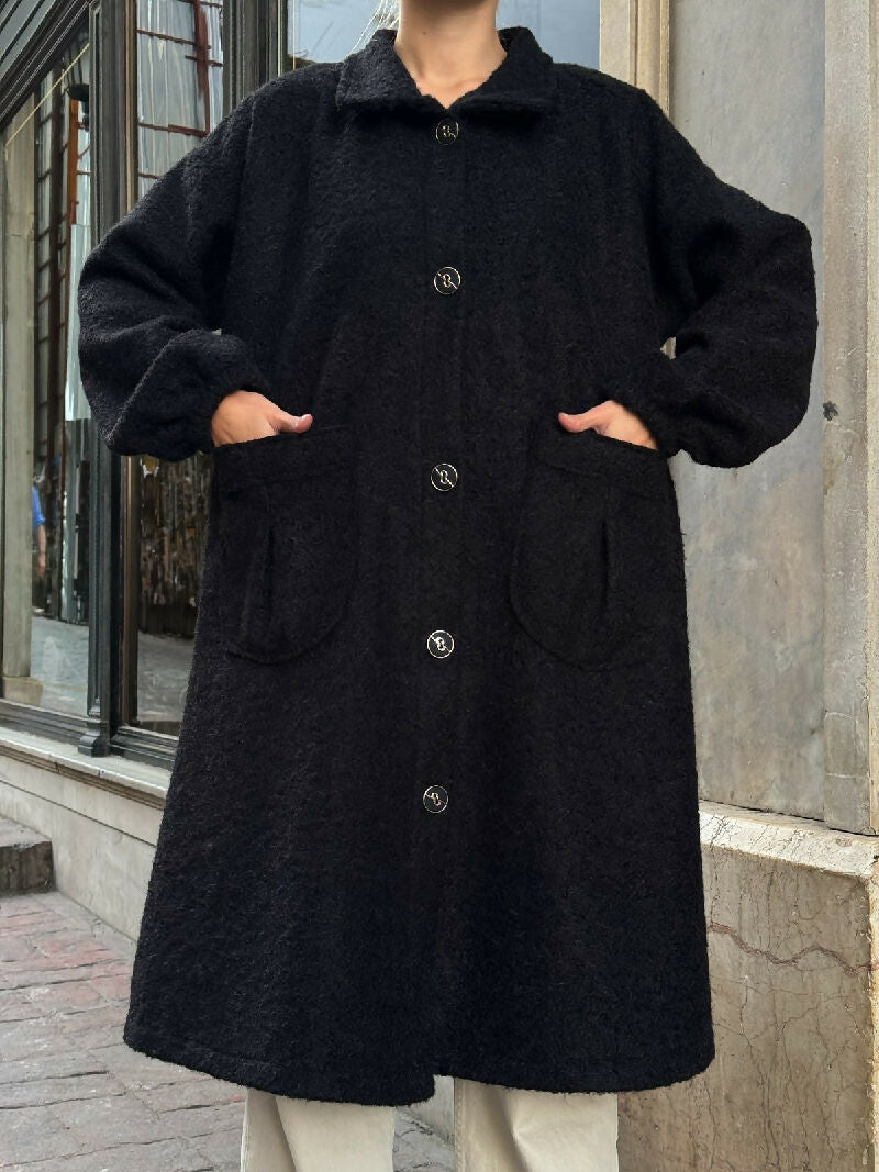 Soft Bouclé Button-Front Long Coat in Black - jqwholesale.com