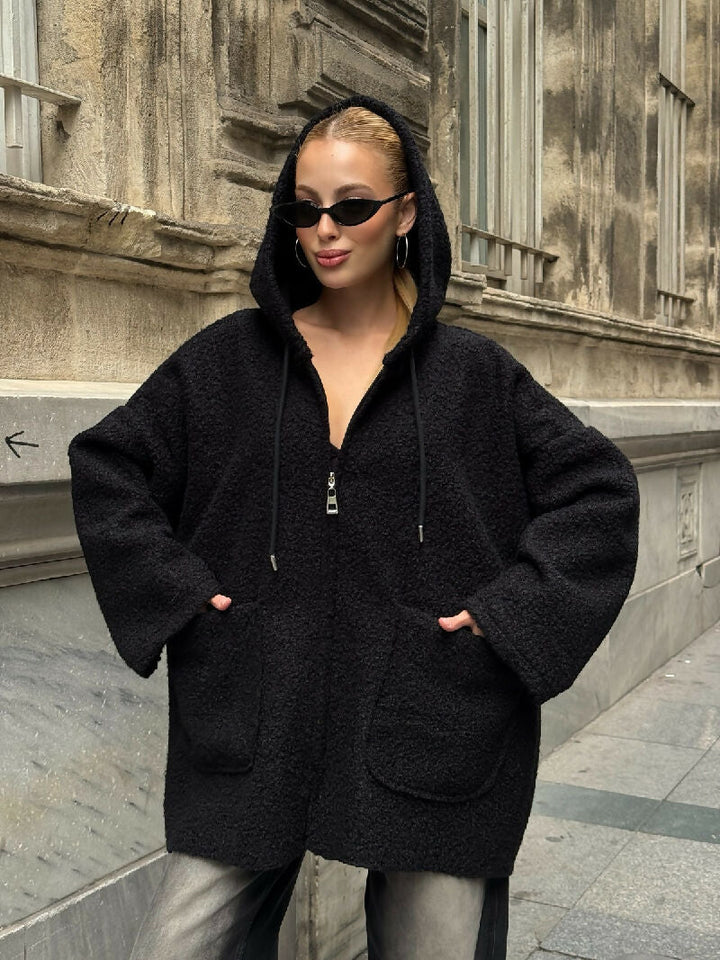 Cozy Zip-Up Teddy Hooded Jacket in Black - jqwholesale.com