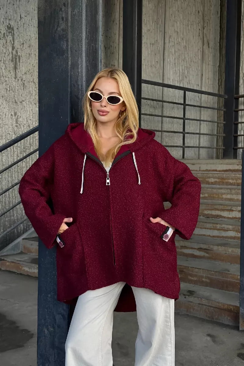 Cozy Zip-Up Teddy Hooded Jacket in Burgundy - jqwholesale.com