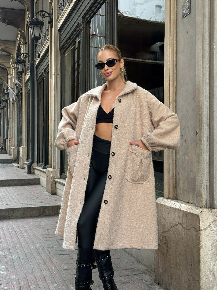 Soft Bouclé Button-Front Long Coat in Beige - jqwholesale.com 1
