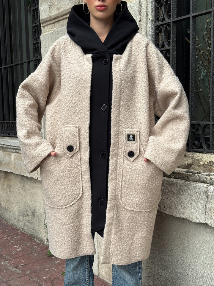 Oversized Hooded Teddy Coat with Pockets in Beige - jqwholesale.com