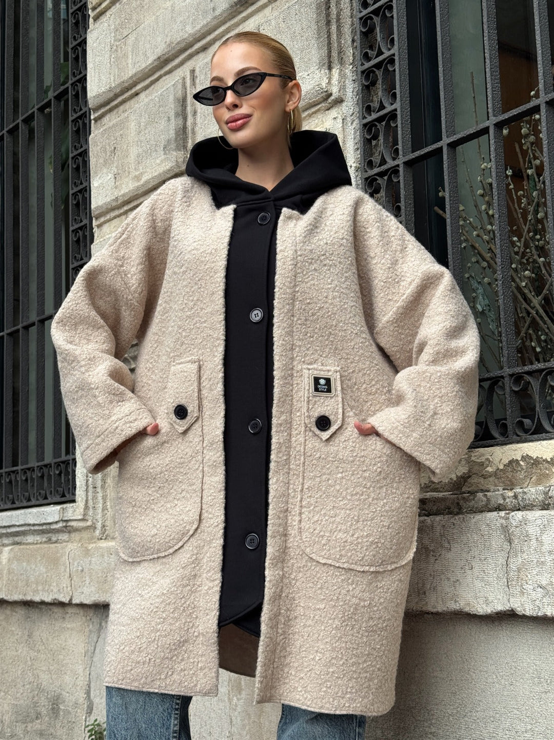 Oversized Hooded Teddy Coat with Pockets in Beige - jqwholesale.com