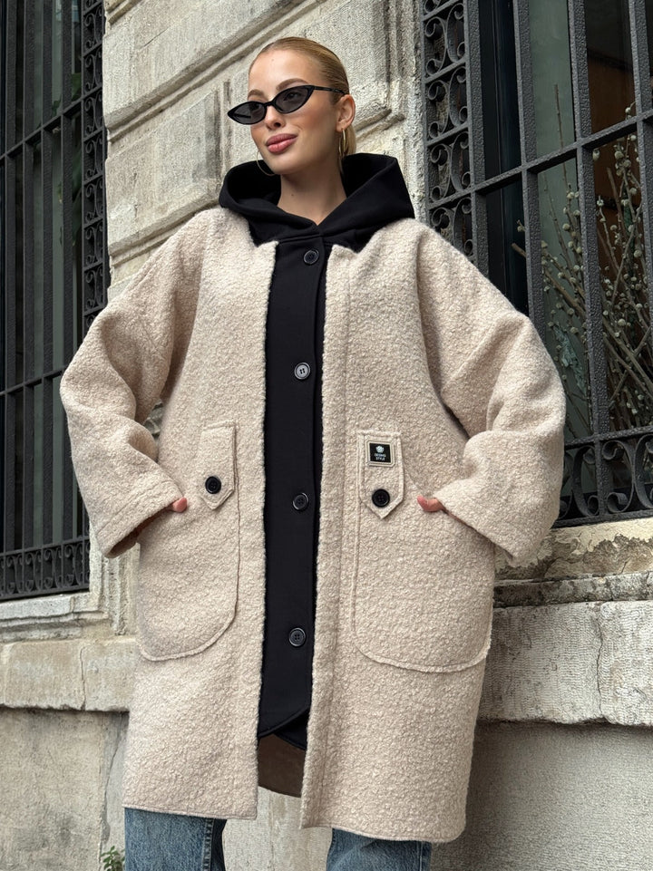Oversized Hooded Teddy Coat with Pockets in Beige - jqwholesale.com