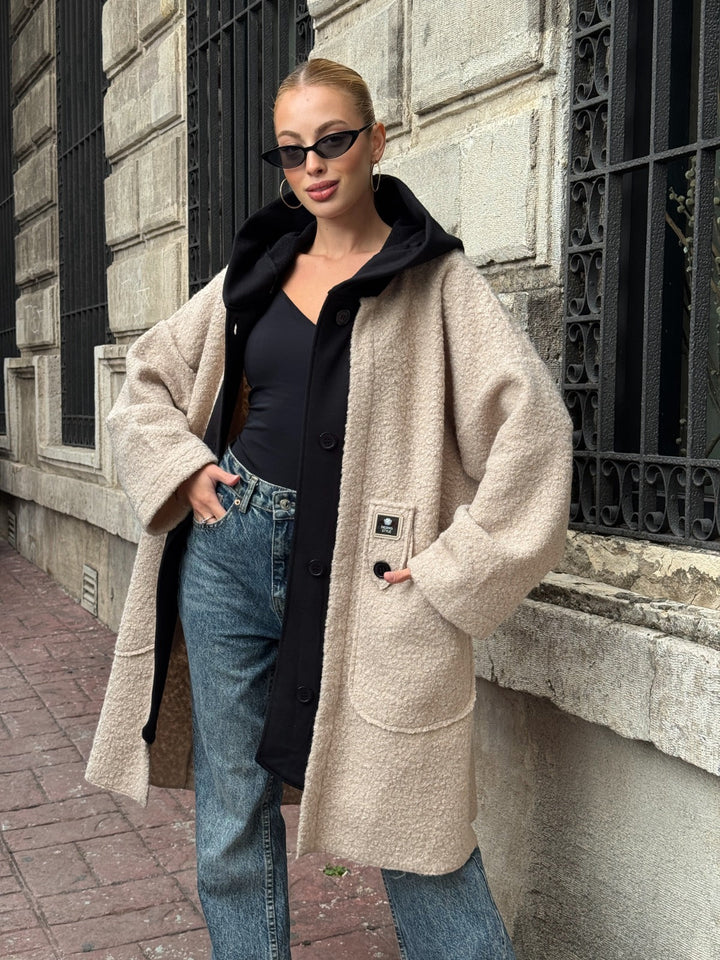 Oversized Hooded Teddy Coat with Pockets in Beige - jqwholesale.com