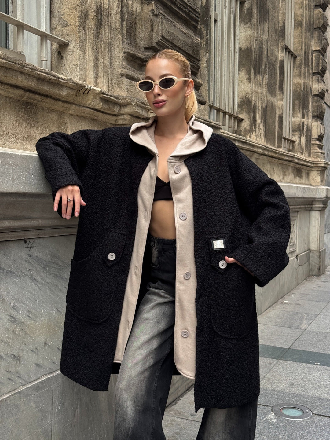 Oversized Hooded Teddy Coat with Pockets in Black - jqwholesale.com