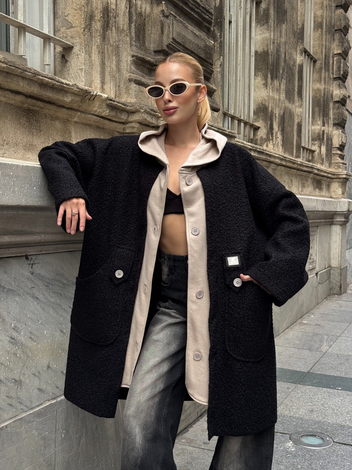 Oversized Hooded Teddy Coat with Pockets in Black - jqwholesale.com