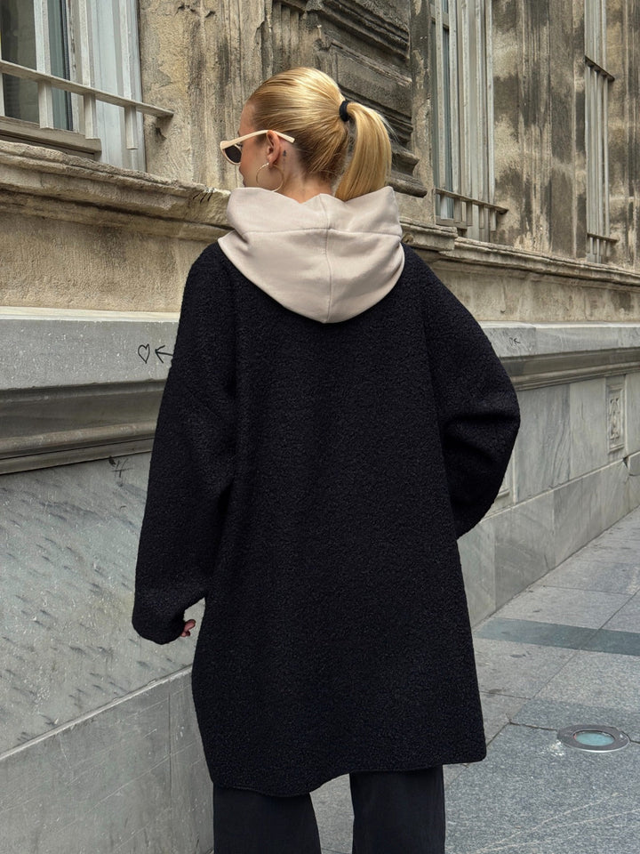 Oversized Hooded Teddy Coat with Pockets in Black - jqwholesale.com