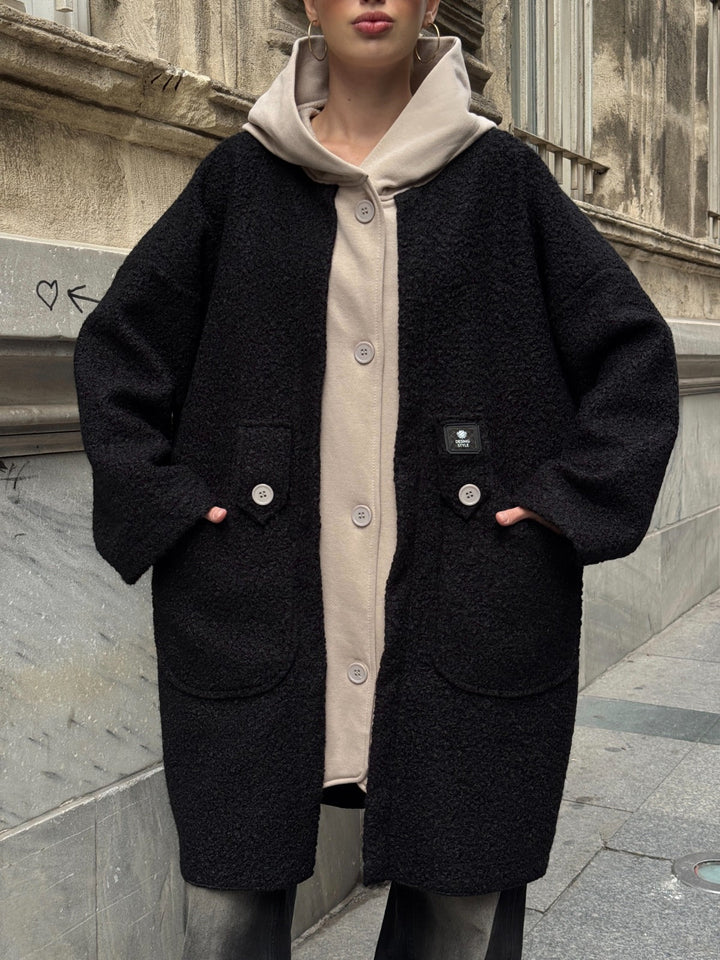 Oversized Hooded Teddy Coat with Pockets in Black - jqwholesale.com