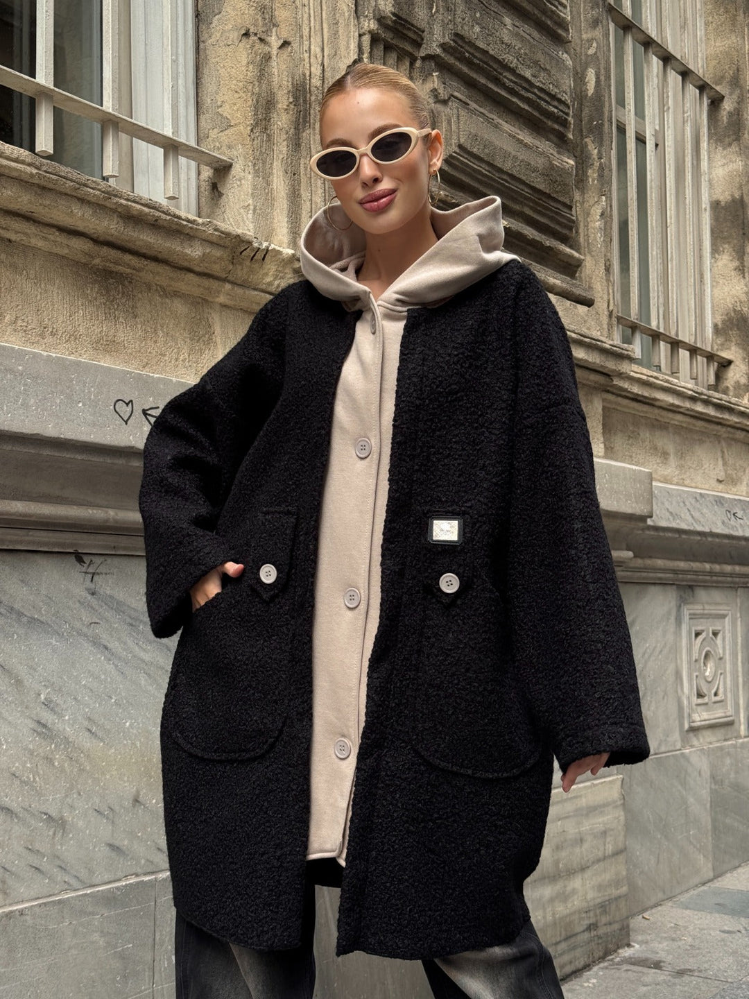 Oversized Hooded Teddy Coat with Pockets in Black - jqwholesale.com