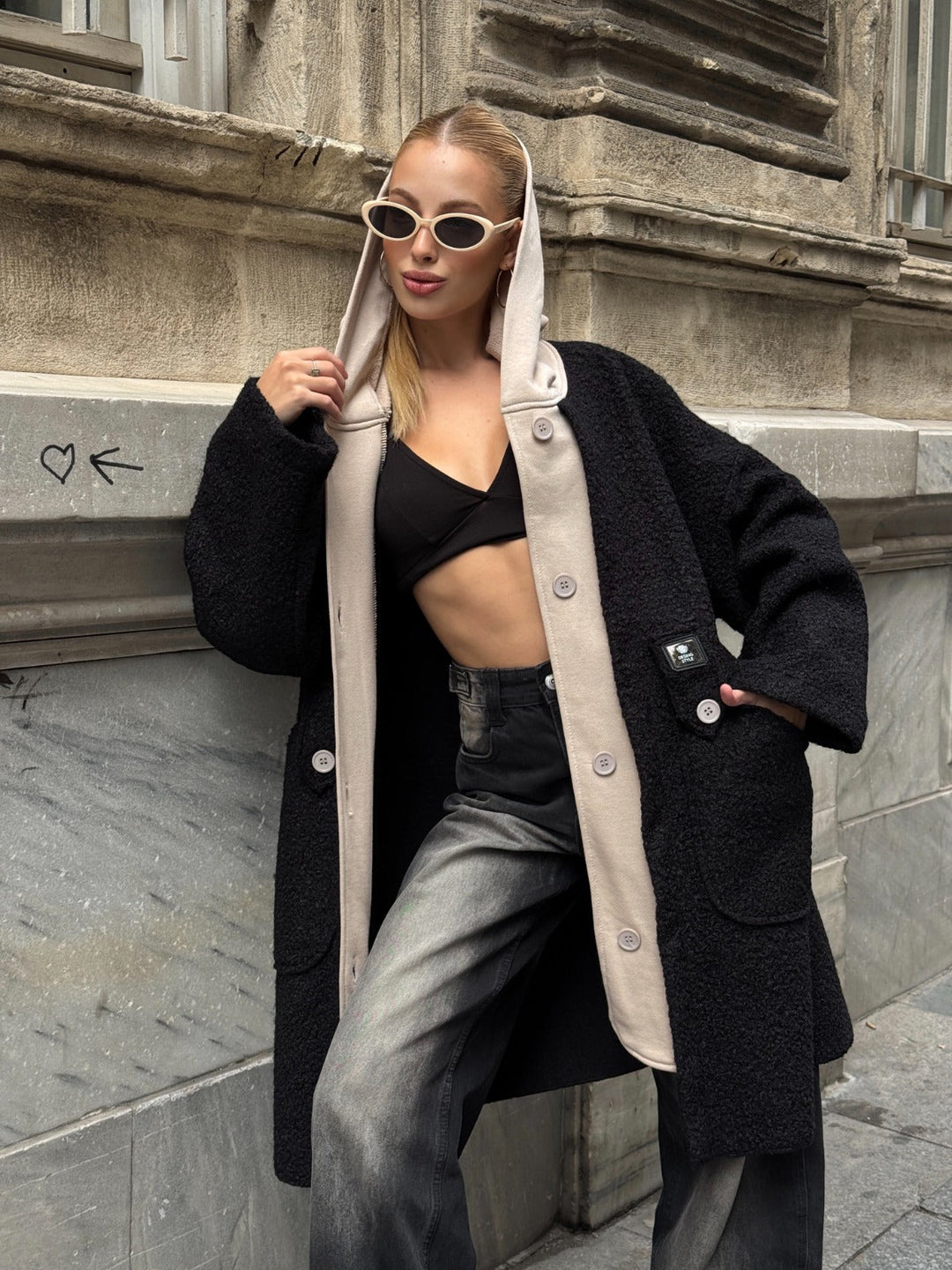 Oversized Hooded Teddy Coat with Pockets in Black - jqwholesale.com