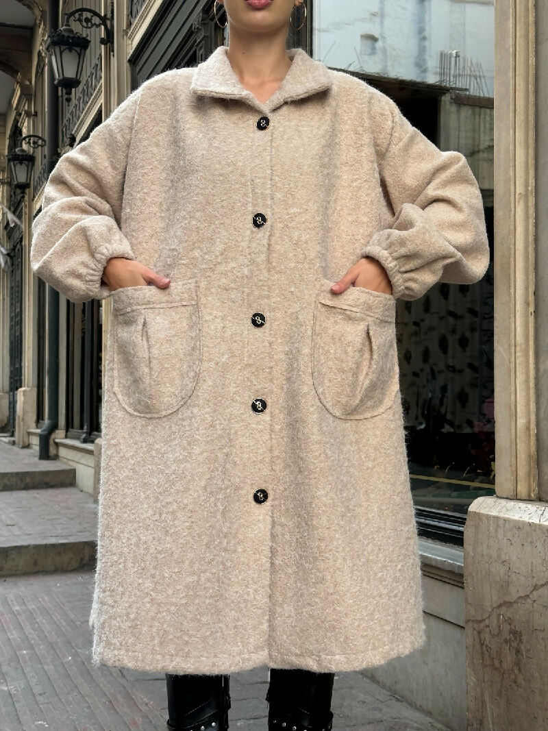 Soft Bouclé Button-Front Long Coat in Beige - jqwholesale.com