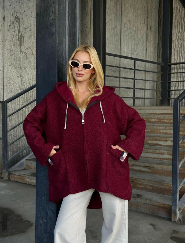 Cozy Zip-Up Teddy Hooded Jacket in Burgundy - jqwholesale.com