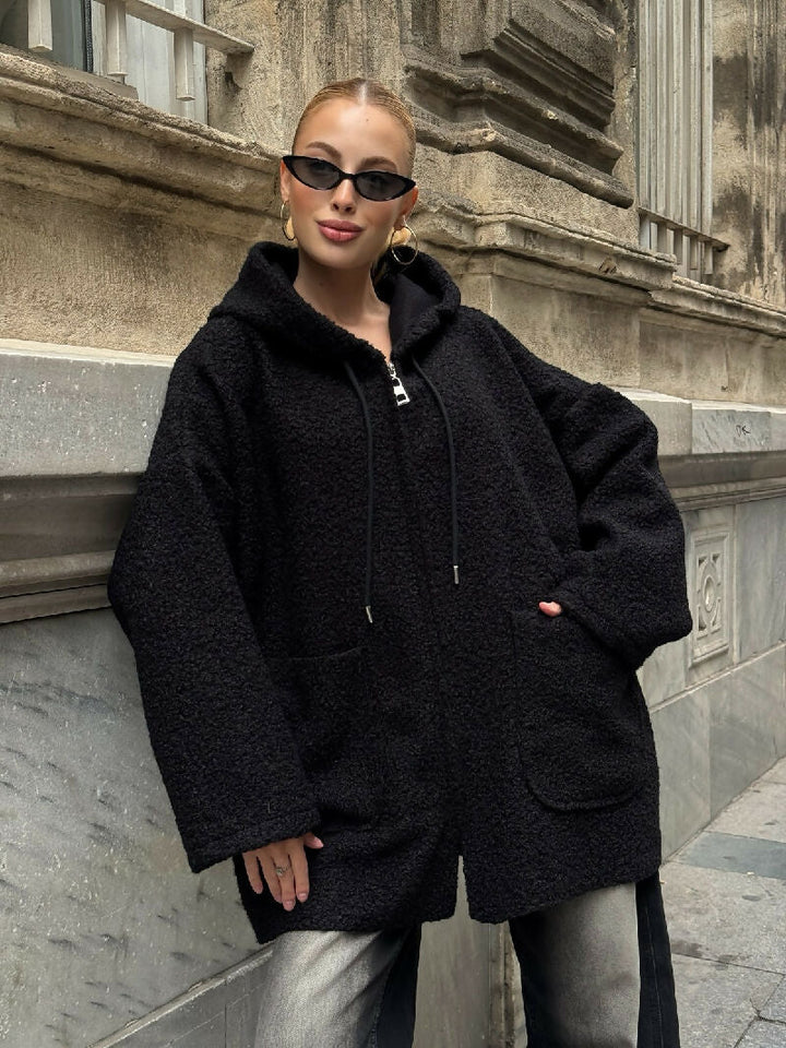 Cozy Zip-Up Teddy Hooded Jacket in Black - jqwholesale.com