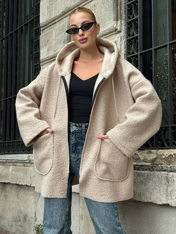 Cozy Zip-Up Teddy Hooded Jacket in Beige - jqwholesale.com