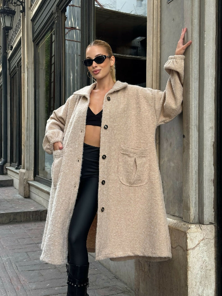 Soft Bouclé Button-Front Long Coat in Beige - jqwholesale.com