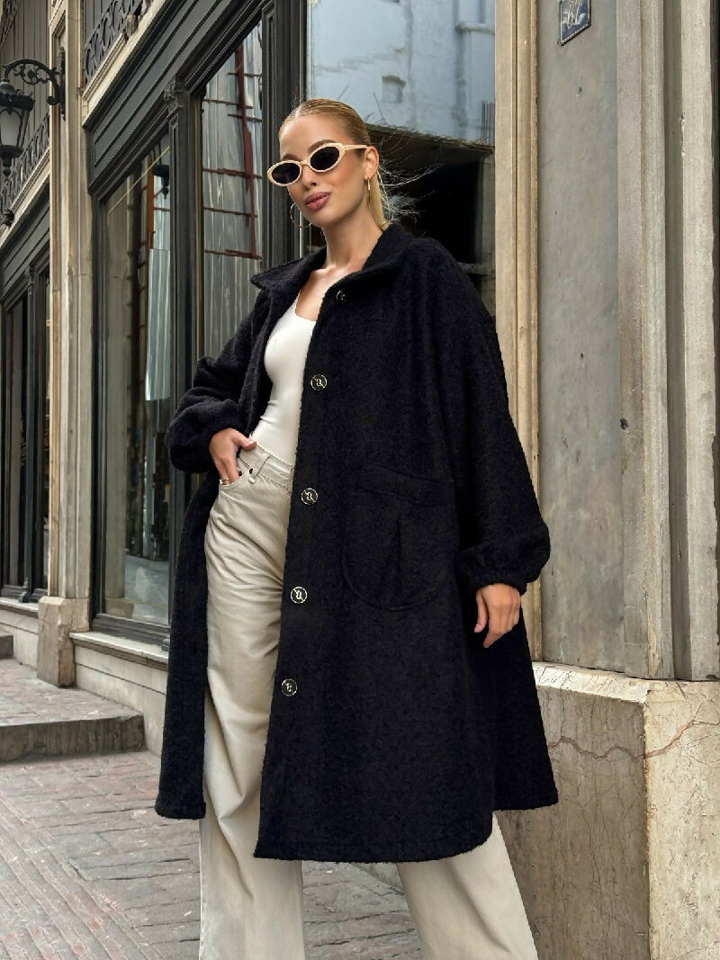 Soft Bouclé Button-Front Long Coat in Black - jqwholesale.com