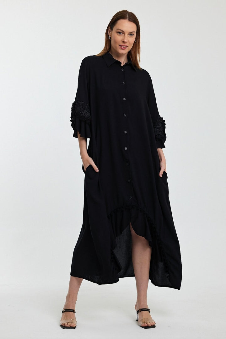(4P.PACK) Lace Detail Shirt Maxi Dress with Pockets in Black